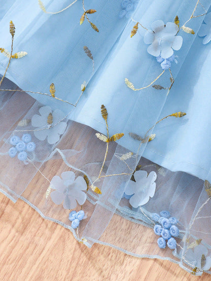 Vestido Azul Elegante Con Tul Bordado Y Tirantes Para Niña