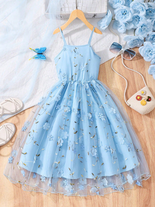 Vestido Azul Elegante Con Tul Bordado Y Tirantes Para Niña