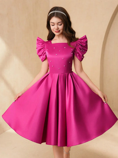 Vestido Rosa Fucsia Con Perlas Y Mangas Volante Para Niña