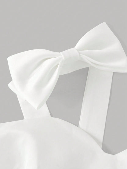 Vestido Blanco Corto Con Lazo Para Niña