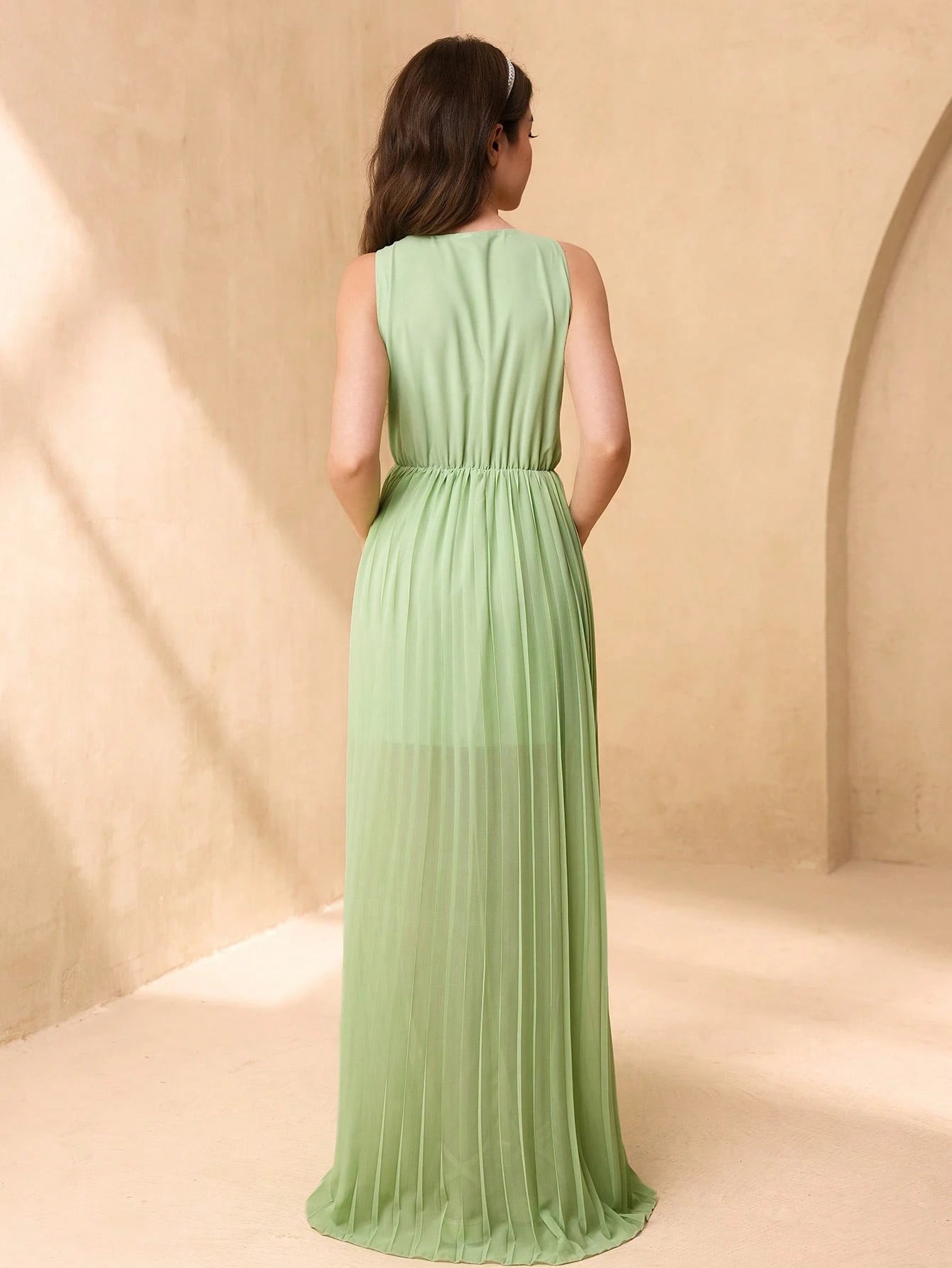 Vestido Verde Largo Con Plisado Elegante Para Niña