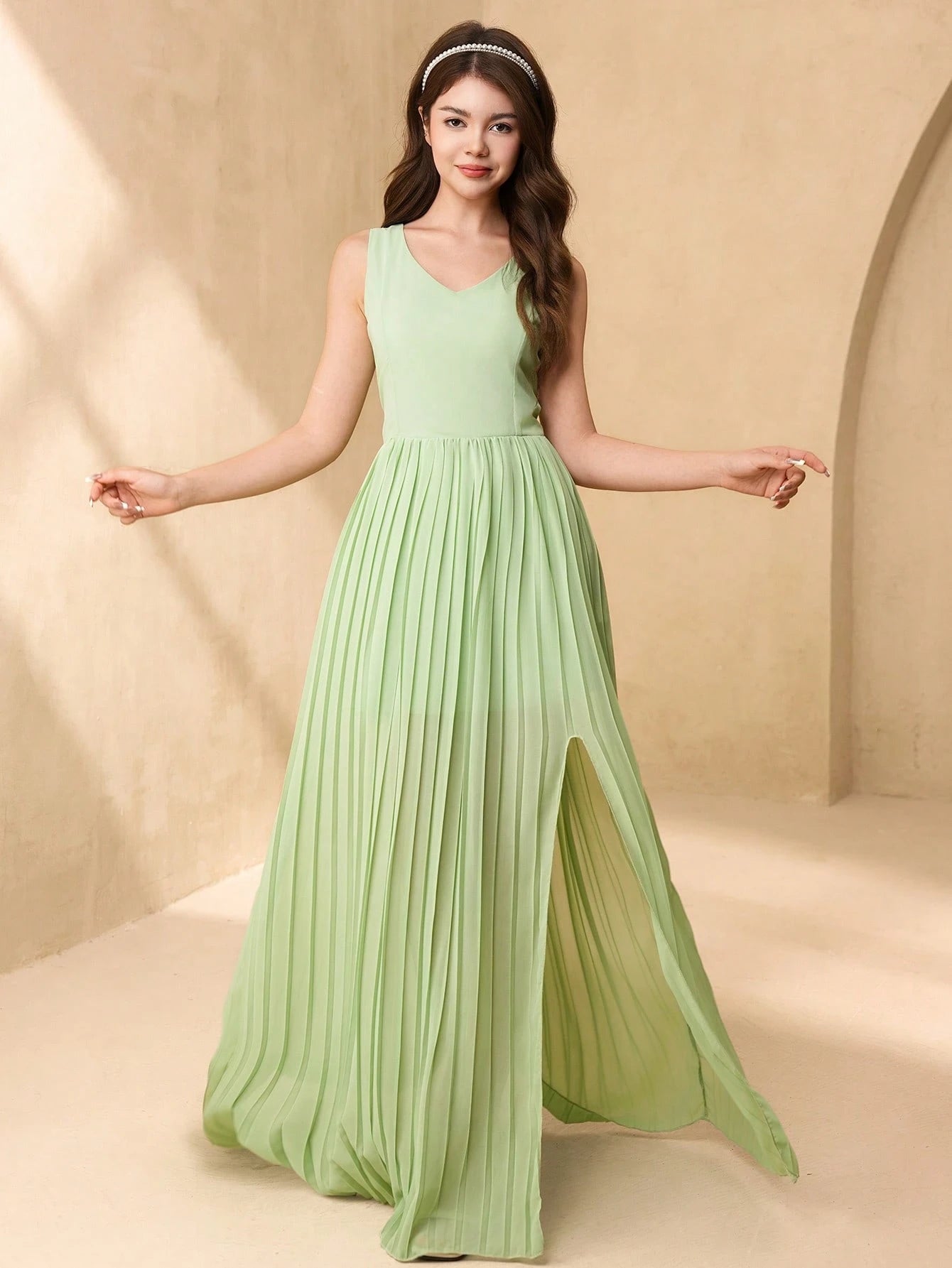 Vestido Verde Largo Con Plisado Elegante Para Niña