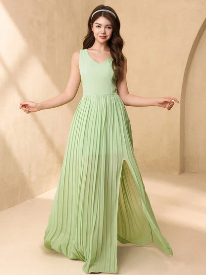Vestido Verde Largo Con Plisado Elegante Para Niña