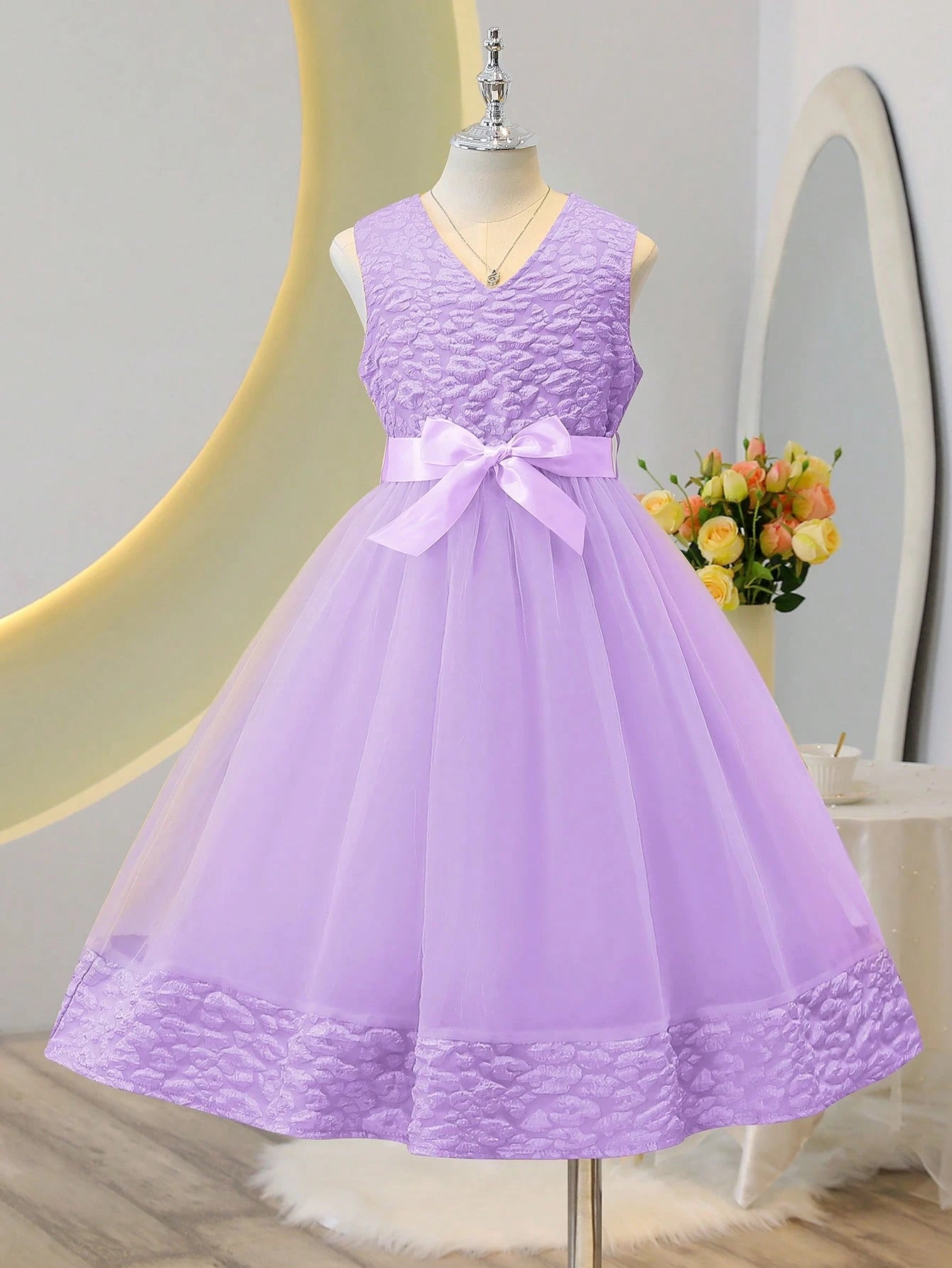Vestido Púrpura Malva Elegante Con Lazo Para Niña