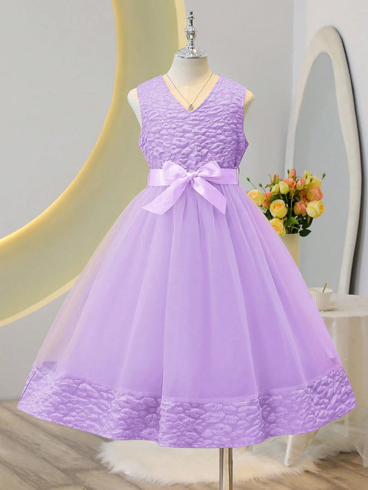 Vestido Púrpura Malva Elegante Con Lazo Para Niña