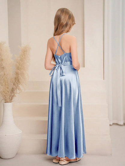 Vestido Celeste Largo Elegante Para Niña Con Volante