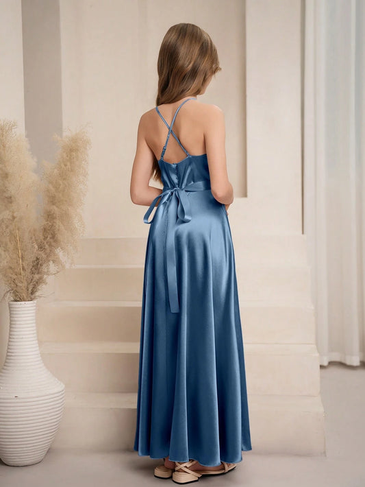 Vestido Celeste Largo Elegante Para Niña Con Volante
