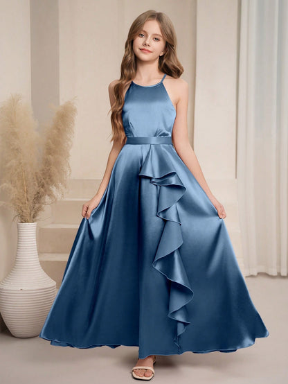 Vestido Celeste Largo Elegante Para Niña Con Volante