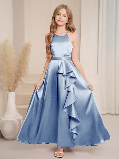 Vestido Celeste Largo Elegante Para Niña Con Volante