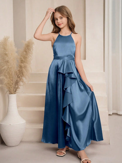 Vestido Celeste Largo Elegante Para Niña Con Volante