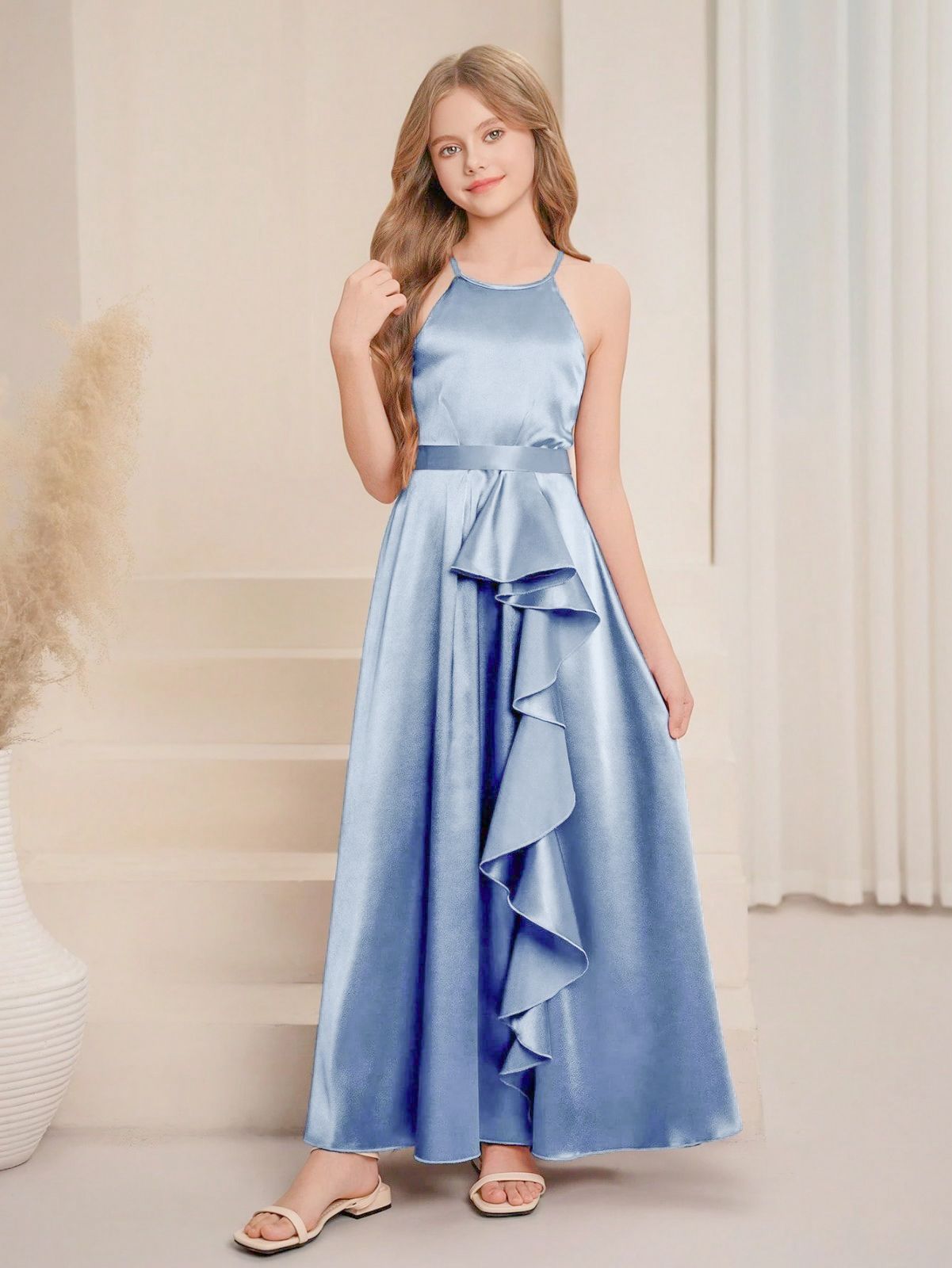 Vestido Celeste Largo Elegante Para Niña Con Volante