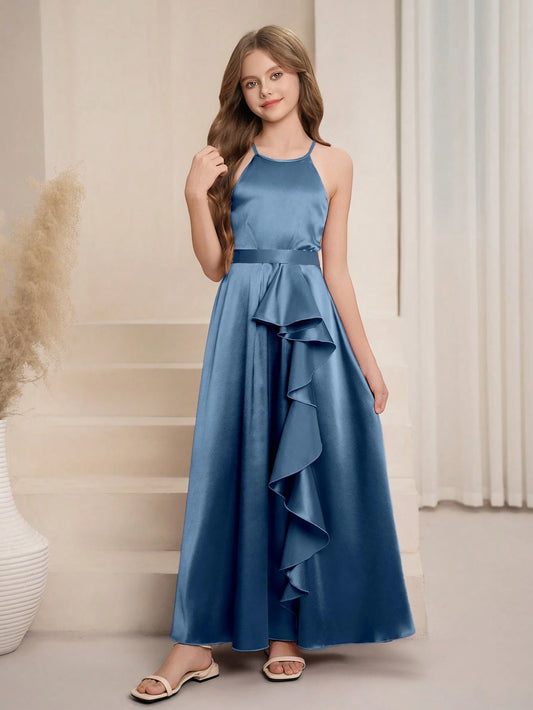 Vestido Celeste Largo Elegante Para Niña Con Volante