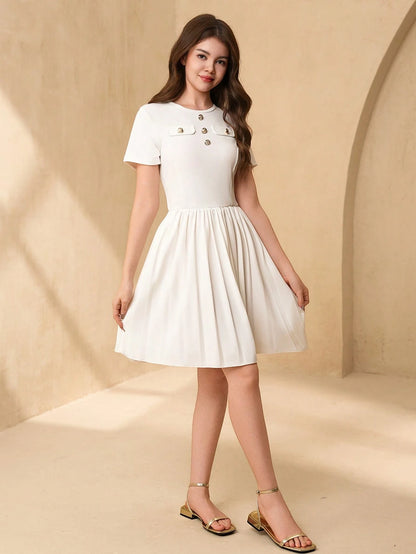 Vestido Blanco Elegante Con Botones Para Niña