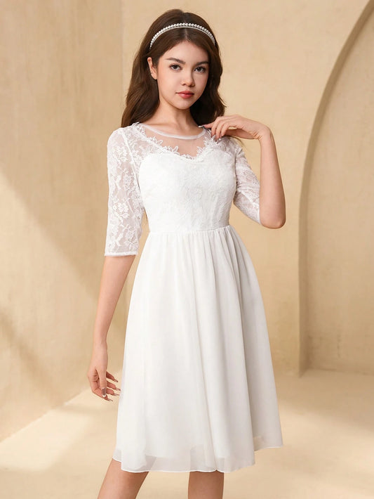 Vestido Blanco Elegante Con Encaje Para Niña