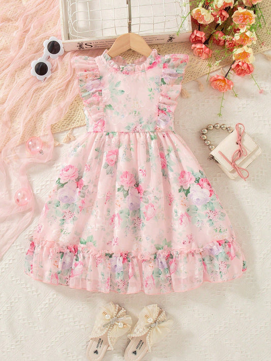 Vestido Rosa Floral Para Niña Con Volantes Encantadores