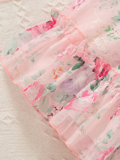 Vestido Rosa Floral Para Niña Con Volantes Encantadores
