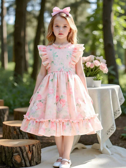 Vestido Rosa Floral Para Niña Con Volantes Encantadores