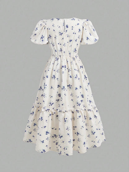 Vestido Floral Con Lazo Azul Para Niña