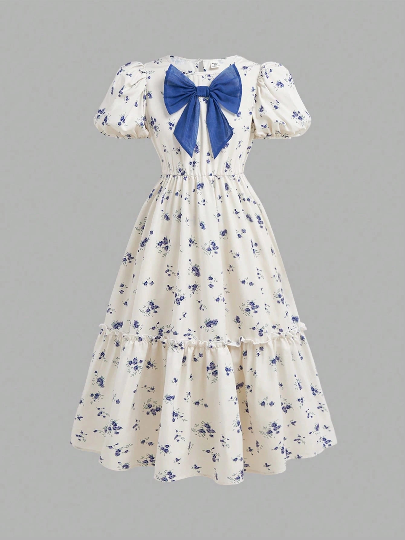 Vestido Floral Con Lazo Azul Para Niña