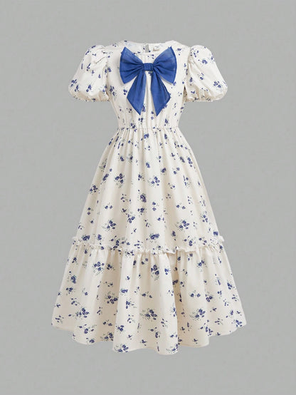 Vestido Floral Con Lazo Azul Para Niña