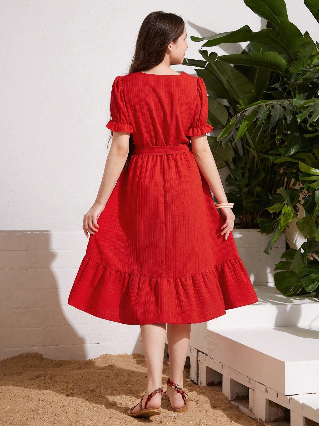 Vestido Rojo Con Lazo Y Volantes Para Niña