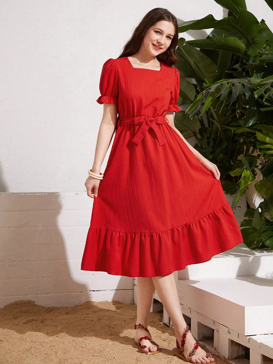 Vestido Rojo Con Lazo Y Volantes Para Niña