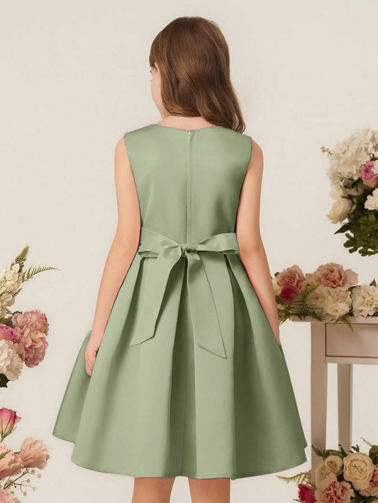 Vestido Elegante Verde Con Lazo Grande Para Niña