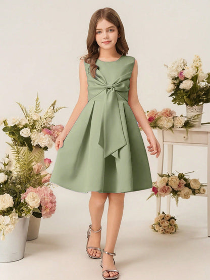 Vestido Elegante Verde Con Lazo Grande Para Niña