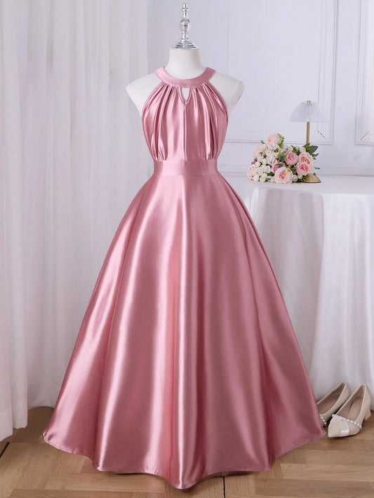 Vestido Rosa Coral Largo De Satén Para Niña