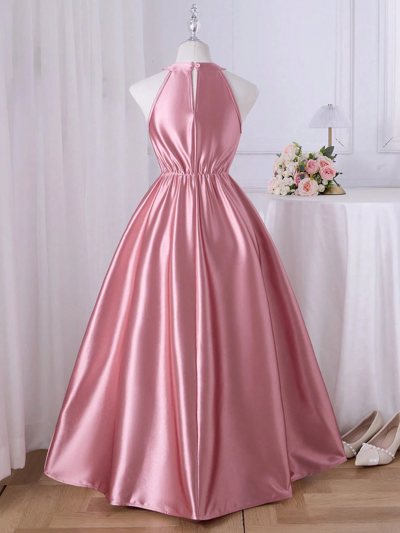 Vestido Rosa Coral Largo De Satén Para Niña