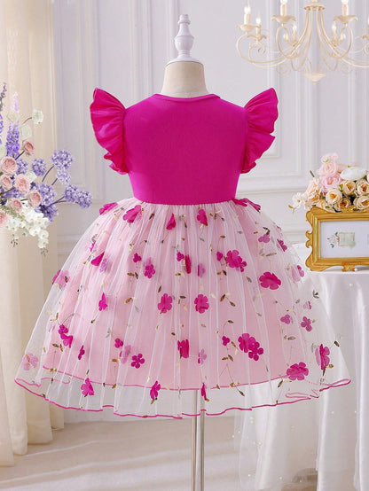Vestido Rosa Fucsia Con Bordado Floral Para Niña
