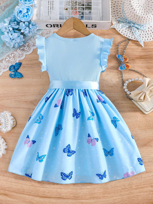 Vestido Azul Con Mariposas Y Moño Para Niña
