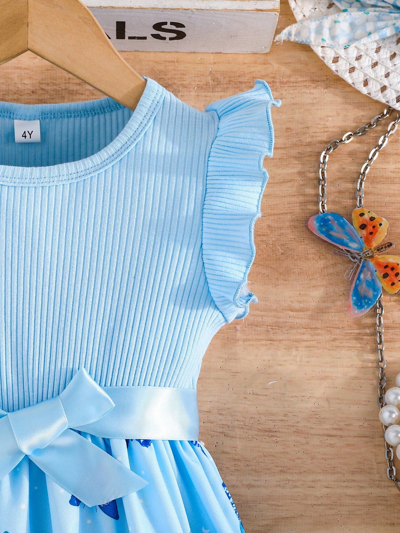 Vestido Azul Con Mariposas Y Moño Para Niña
