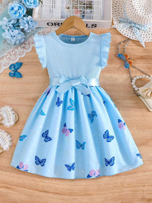 Vestido Azul Con Mariposas Y Moño Para Niña