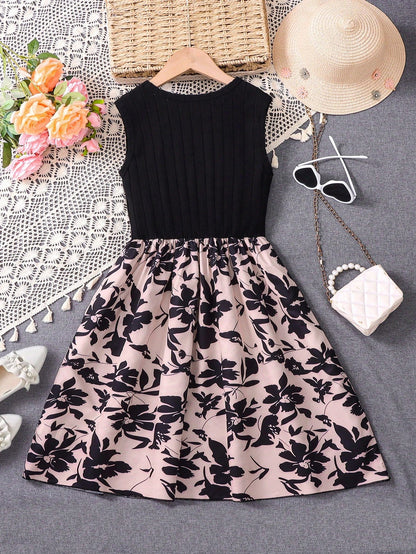 Vestido Sin Mangas Con Falda Floral Para Niña