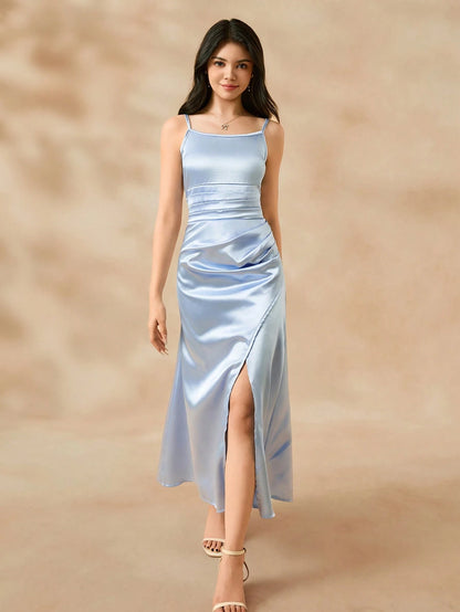 Vestido Azul Largo Con Abertura Y Tirantes Finos Para Niña