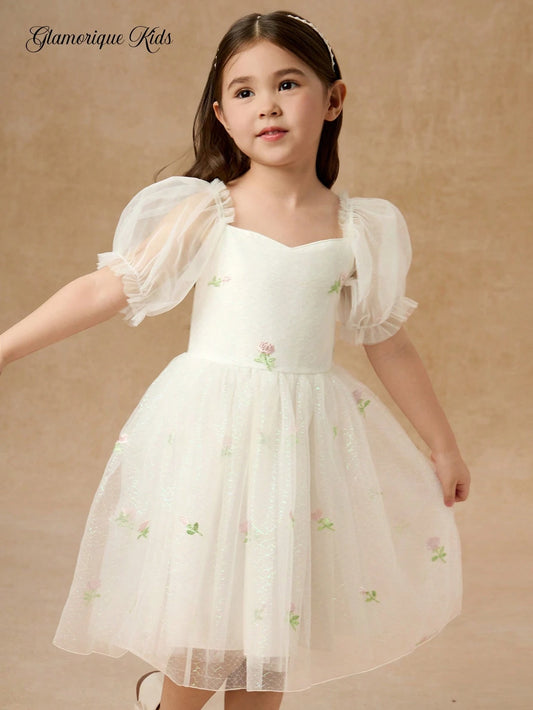 Vestido Blanco Con Flores Bordadas Para Niña