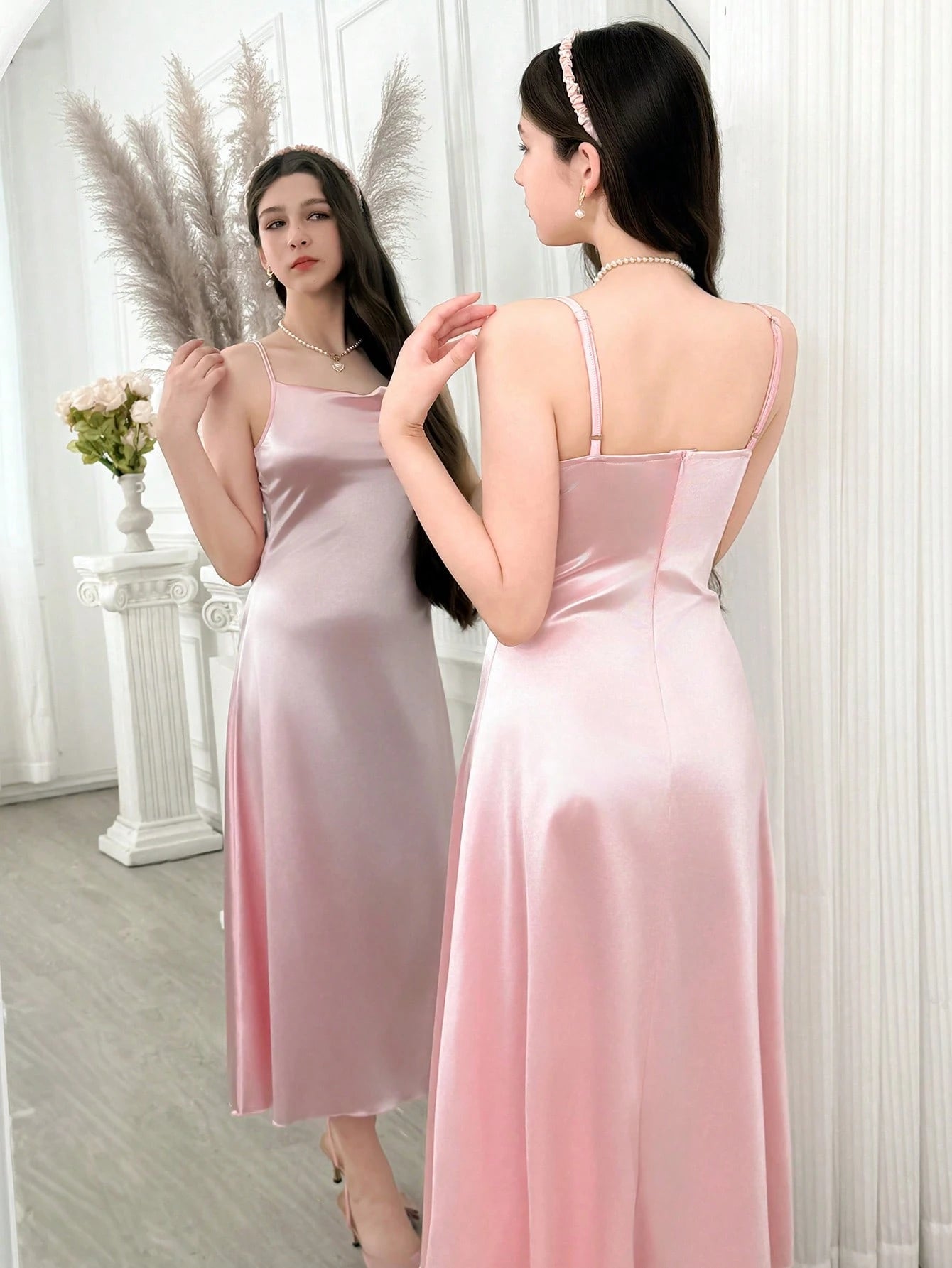 Vestido Rosa Largo De Satén Con Tirantes Finos Para Niña