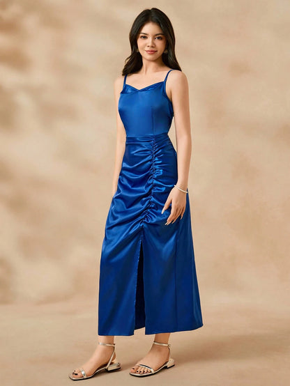 Vestido Azul Real Con Abertura Y Fruncido Para Niña