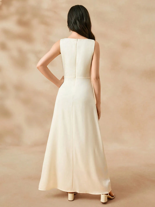 Vestido Elegante En Satén Color Albaricoque Largo