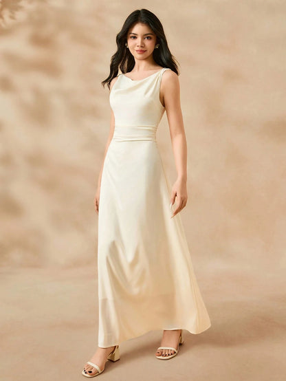 Vestido Elegante En Satén Color Albaricoque Largo