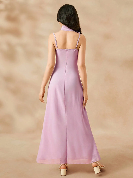 Vestido Largo Rosa Halter Con Pliegues Elegante