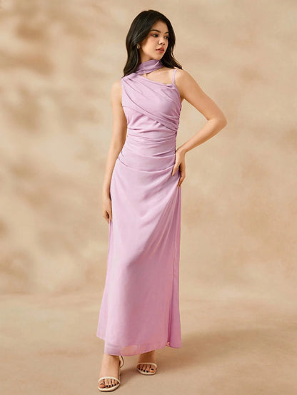 Vestido Largo Rosa Halter Con Pliegues Elegante