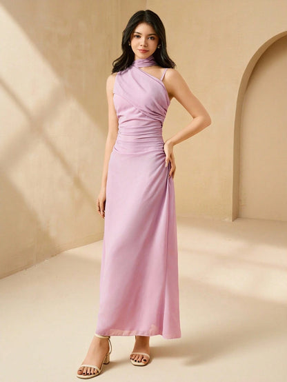 Vestido Largo Rosa Halter Con Pliegues Elegante