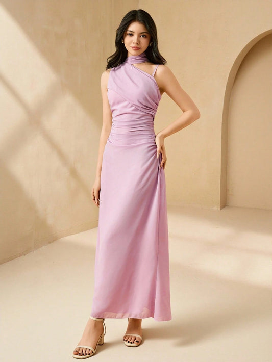 Vestido Largo Rosa Halter Con Pliegues Elegante