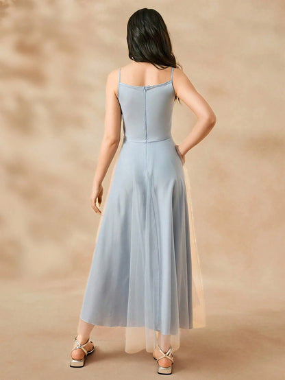 Vestido Azul Largo Con Tirantes Finos Elegante