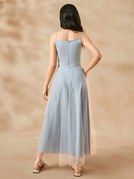 Vestido Azul Largo Con Tirantes Finos Elegante