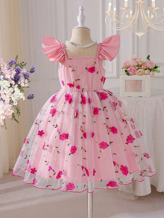 Vestido Rosa Fucsia De Tul Con Flores Para Niña
