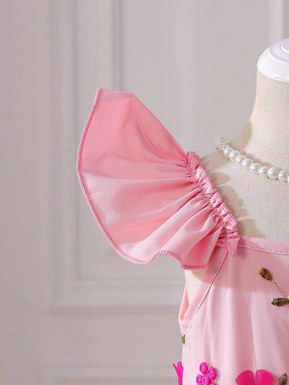 Vestido Rosa Fucsia De Tul Con Flores Para Niña