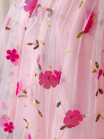 Vestido Rosa Fucsia De Tul Con Flores Para Niña